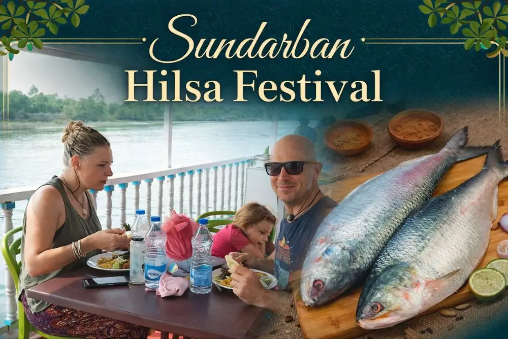 Foreign tourists enjoying lunch on boat during Sundarban Hilsa Festival tour