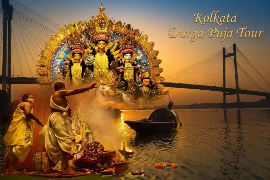 Priest performing Durga Puja beside Durga idol with Hooghly Bridge and Kolkata river background represent kolkata durga puja tour package