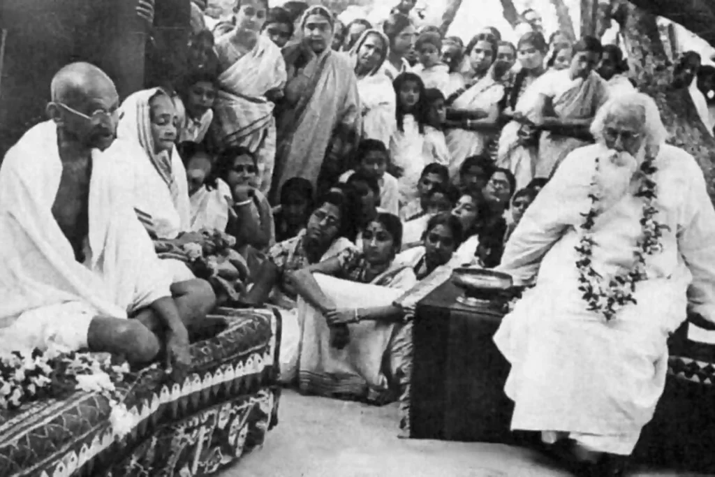 Rabindranath Tagore and Mahatma Gandhi during historical moment in Shantiniketan