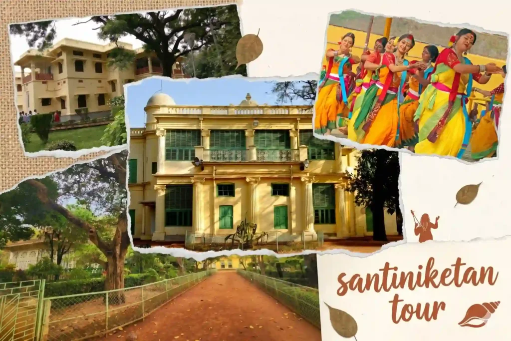 Shantiniketan cultural dance performance with heritage buildings and garden surroundings representing santiniketan tour​