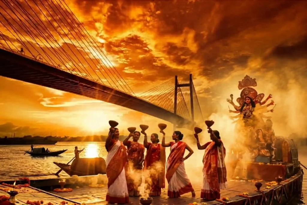 Women performing dhunuchi dance with Durga idol, Hooghly River and Howrah Bridge in Kolkata