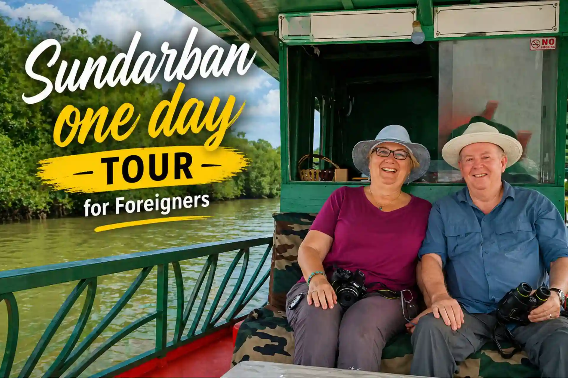 Foreign tourist couple on Sundarban boat deck with camera and binoculars