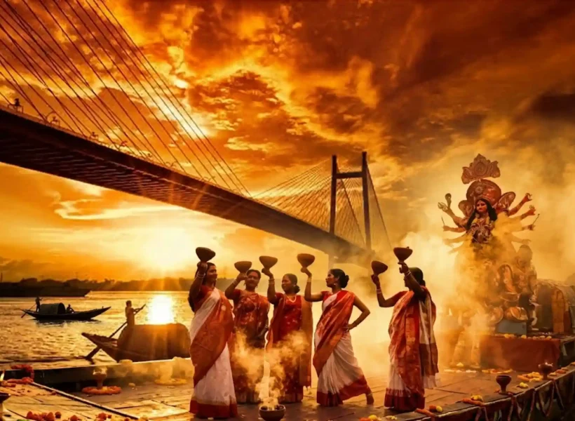 Women performing dhunuchi dance with Durga idol, Hooghly River and Howrah Bridge in Kolkata